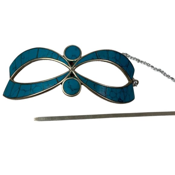 Vintage Chip Inlay Turquoise Hair Clip Pin Western Boho Bun Holder Marked